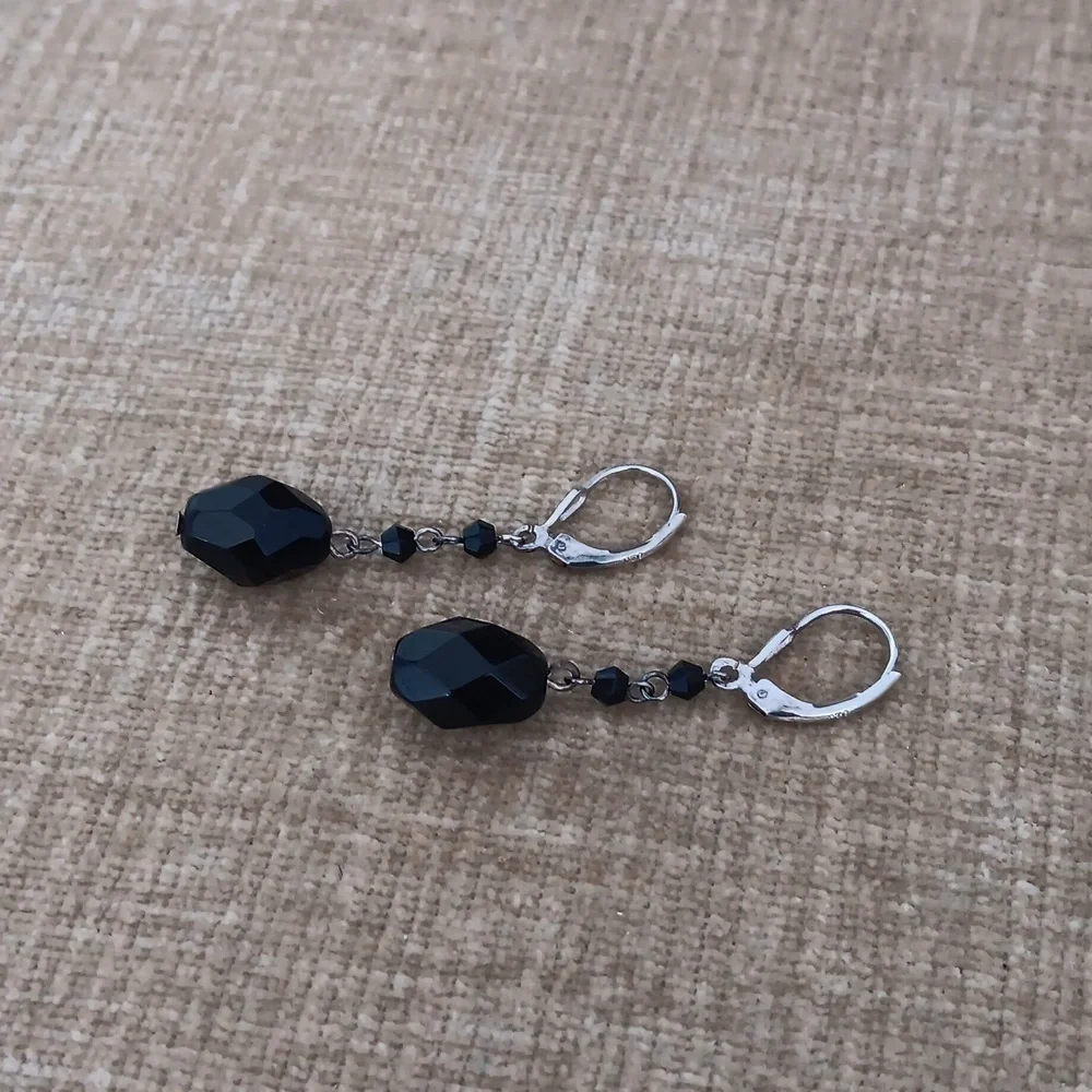 Silver Leverback Black Faceted Beaded Earrings